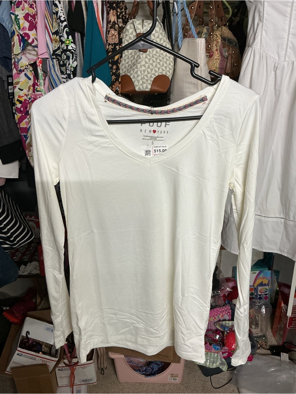 Poof! Women’s Long-Sleeve V-Neck Tee in White
